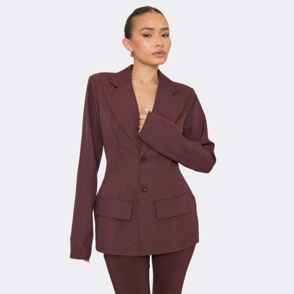 EGO Long Sleeve Cinched Waist Shaped Hip Detail Blazer In Chocolate Brown, Women's Size UK 6 - 1
