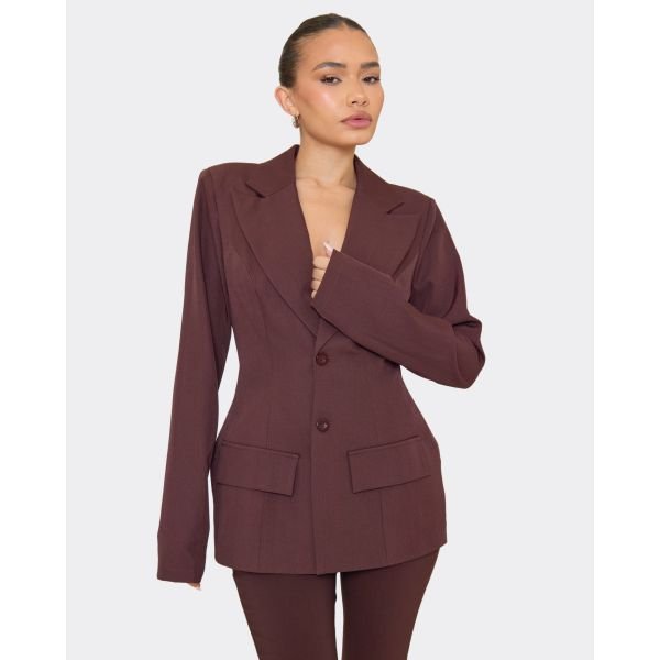 EGO Long Sleeve Cinched Waist Shaped Hip Detail Blazer In Chocolate Brown, Women's Size UK 6 - 2
