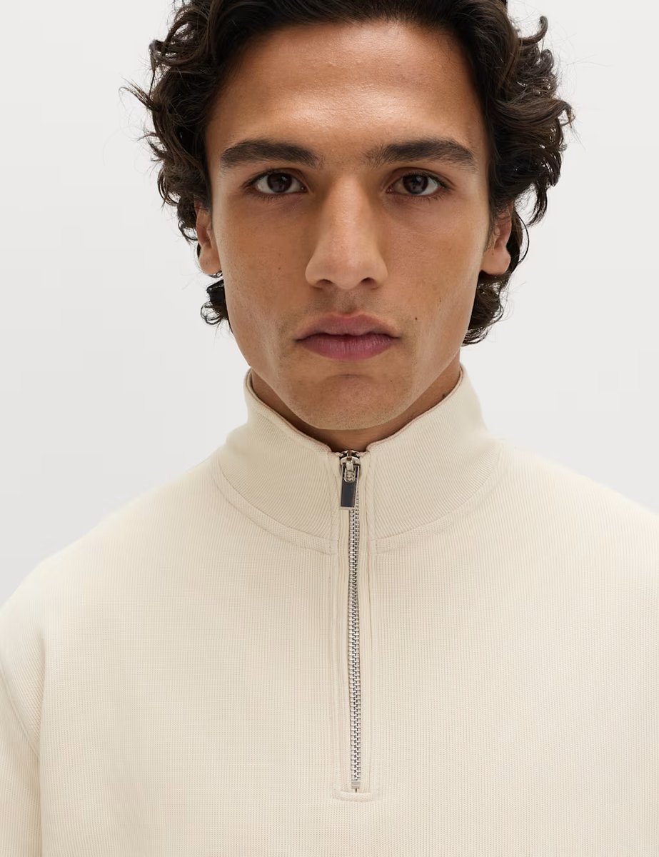 Marks & Spencer M&S Cotton Rich Double Knit Half Zip Sweatshirt Ecru - 2