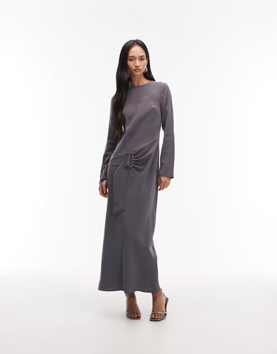 ASOS ASOS Slash Neck Drop Waist Belted Maxi Dress in Charcoal Grey