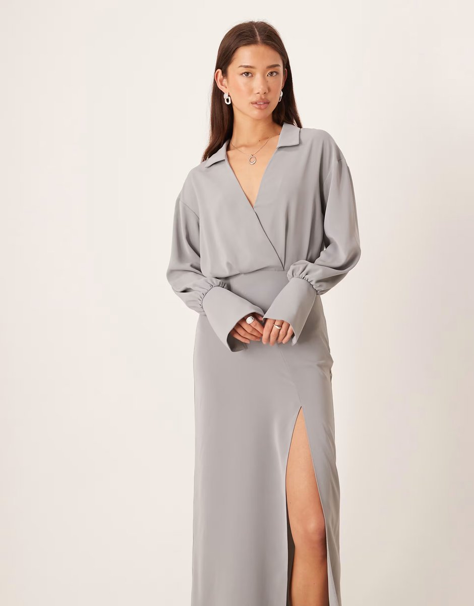 ASOS ASOS DESIGN draped shirt pencil midi skirt in grey - 3