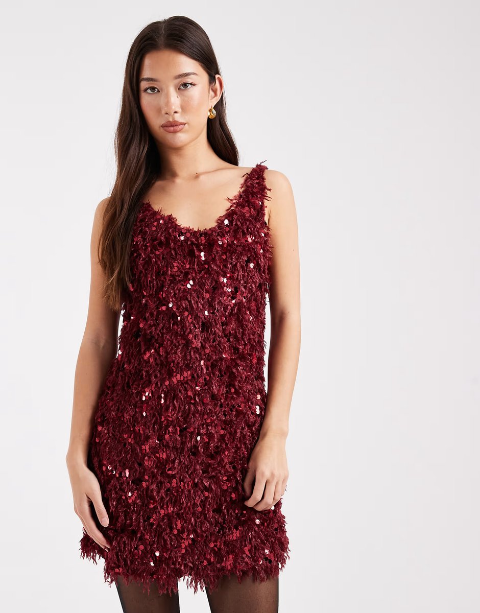 ASOS ONLY faux feather sequin mini dress in burgundy - 3
