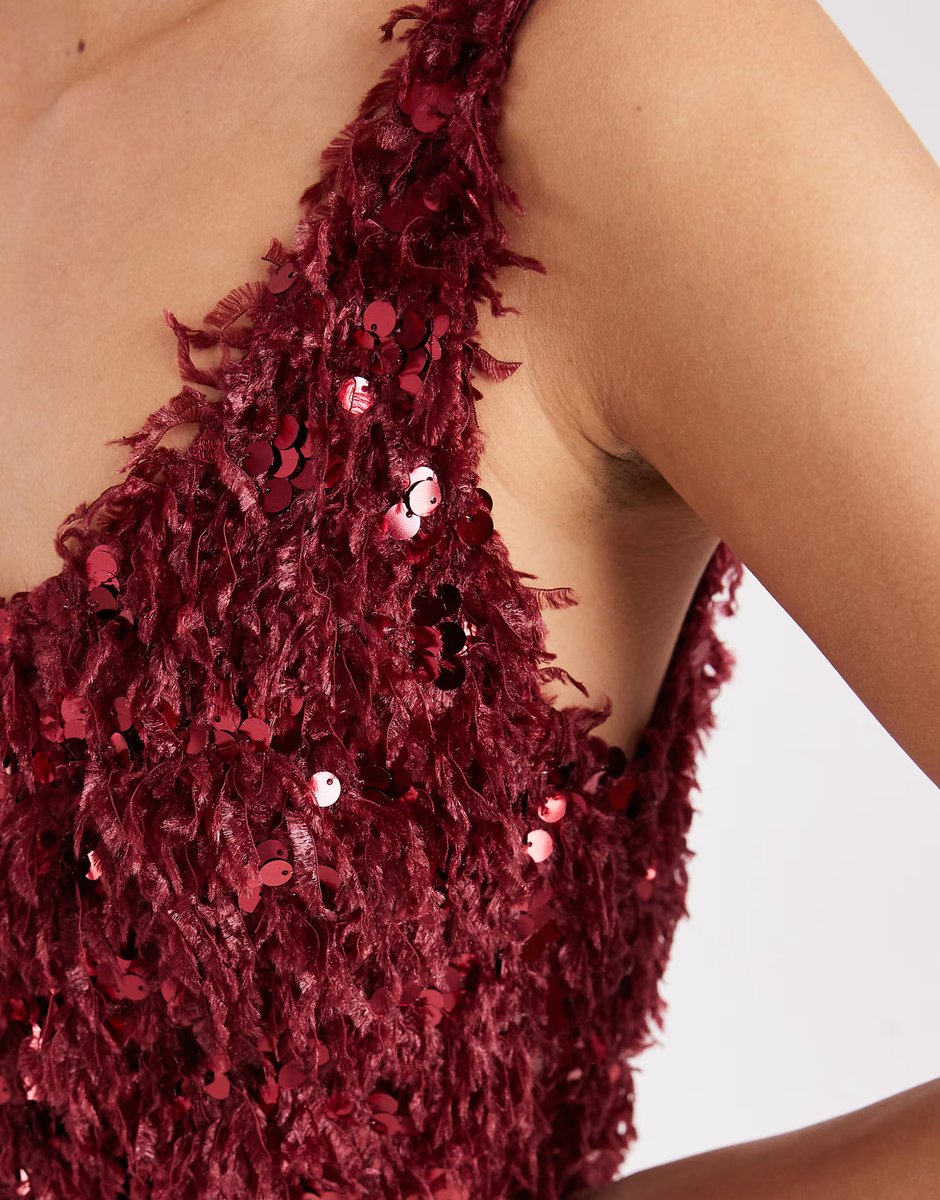 ASOS ONLY faux feather sequin mini dress in burgundy - 4