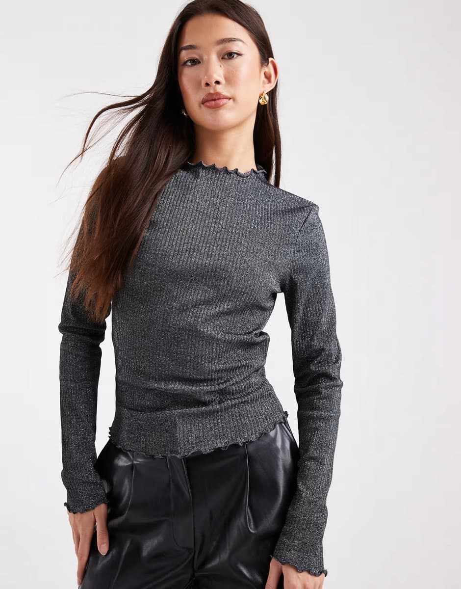 ASOS ONLY lettuce edge high neck ribbed top in black glitter