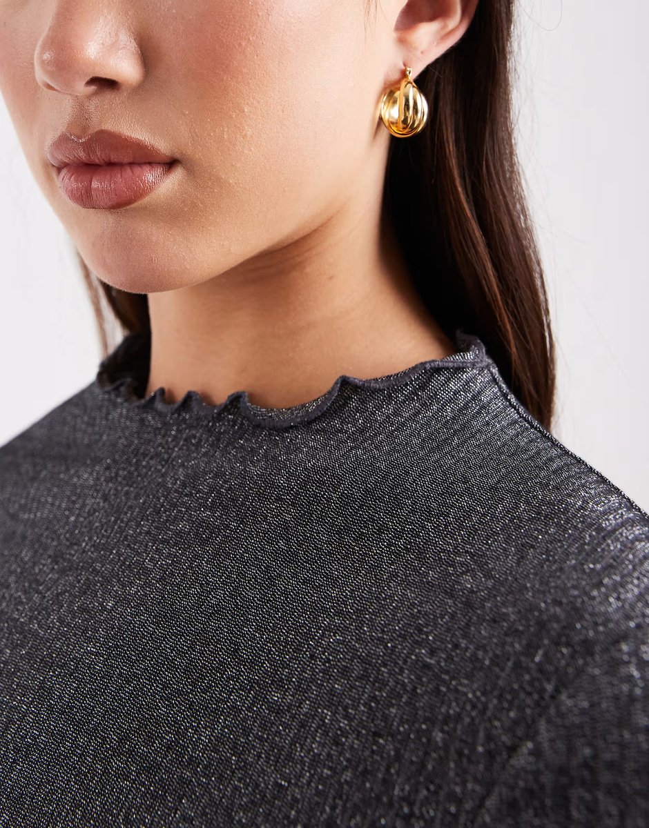 ASOS ONLY lettuce edge high neck ribbed top in black glitter - 3