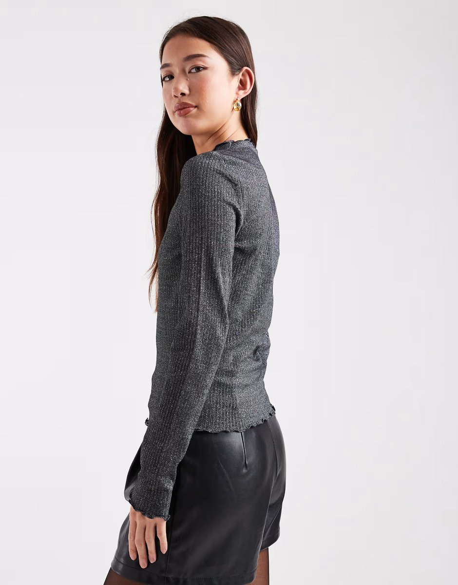 ASOS ONLY lettuce edge high neck ribbed top in black glitter - 4