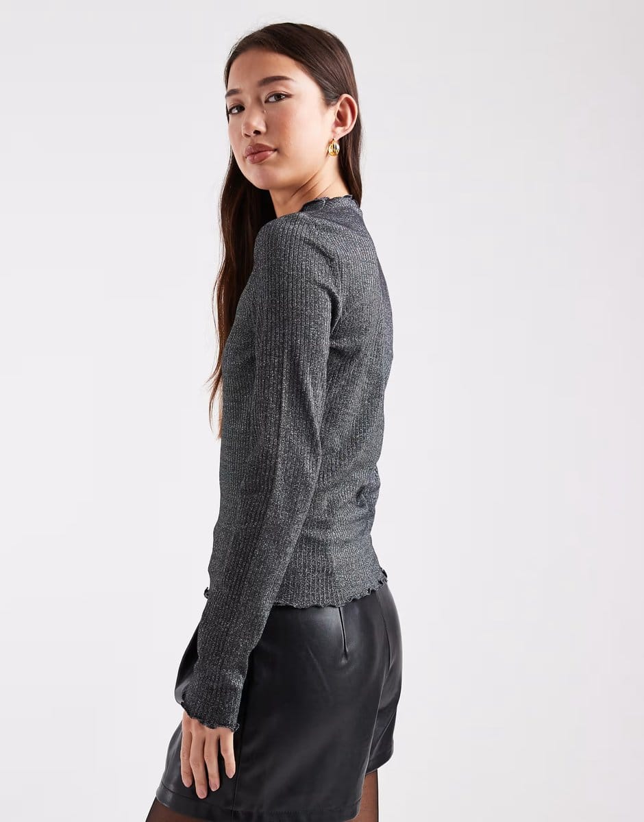 ASOS ONLY lettuce edge high neck ribbed top in black glitter - 4