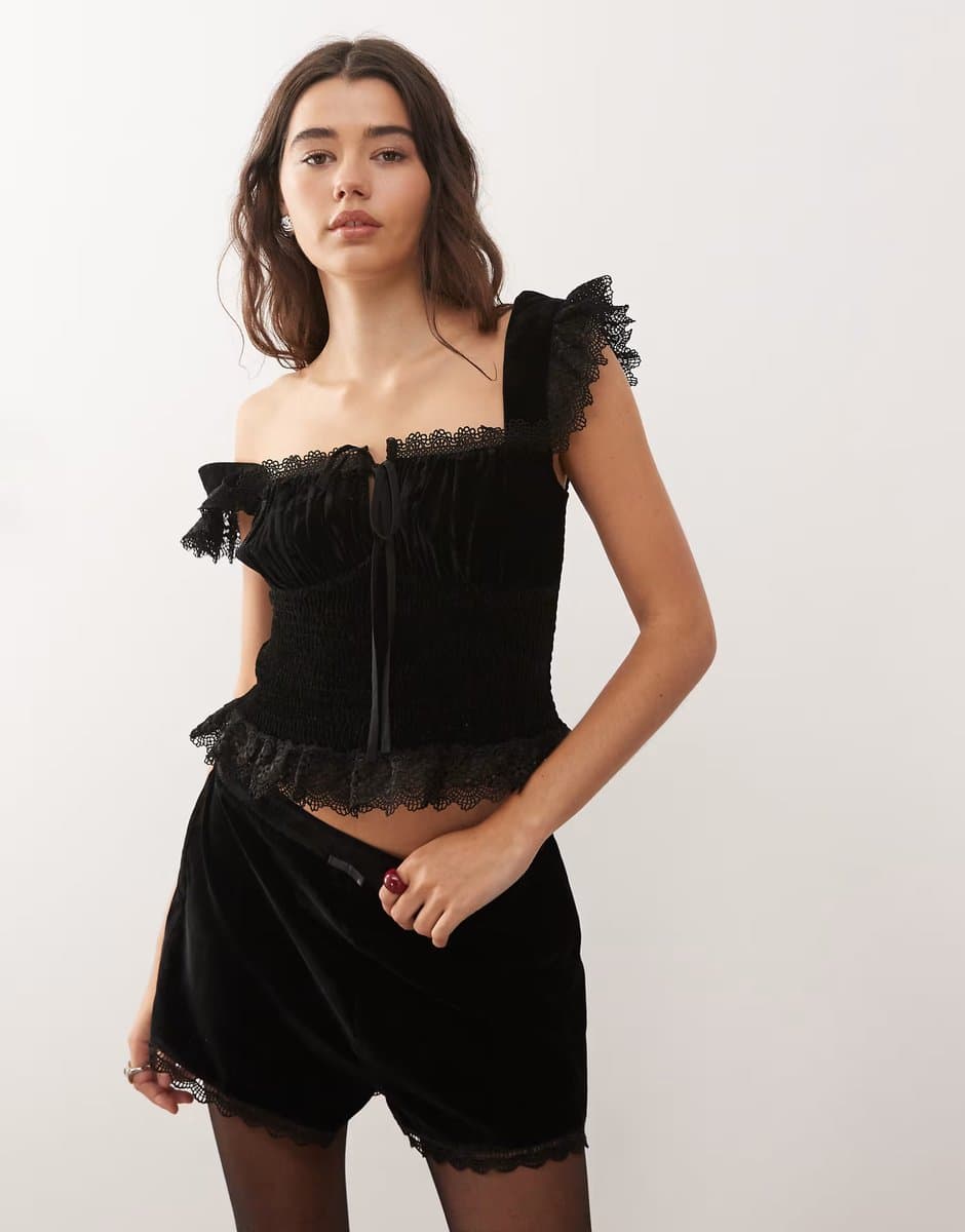 ASOS Reclaimed Vintage Black Velvet Mini Short with Lace Trim