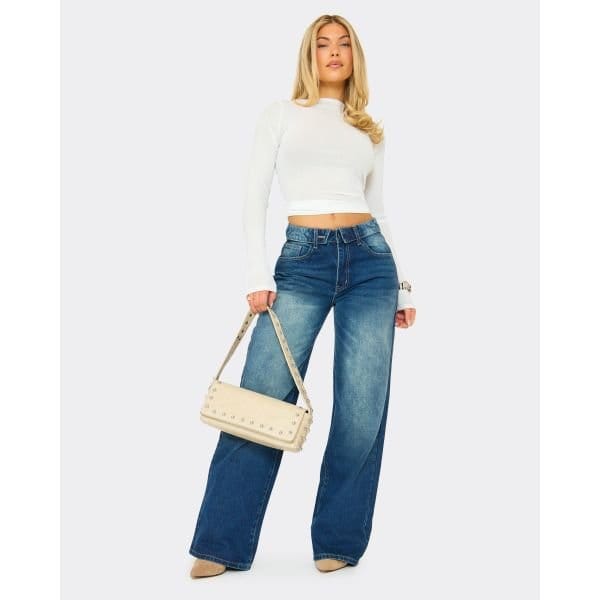 EGO Foldover Waistband Wide Leg Jeans In Washed Blue Denim, Women's Size UK 6 - 2