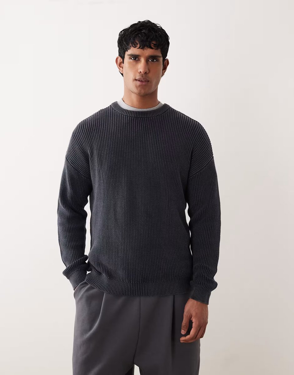 ASOS ASOS DESIGN relaxed knitted ribbed crew neck jumper in navy acid wash - 1