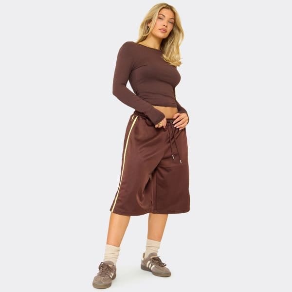 EGO Drawstring Waist Tricot Side Stripe Jorts In Chocolate Brown, Women's Size UK 6 - 1