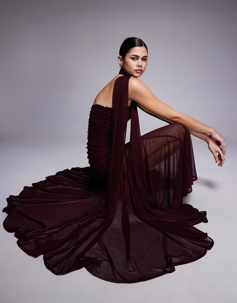 ASOS TFNC bandeau ruched scarf detail sheer hem maxi dress in deep purple