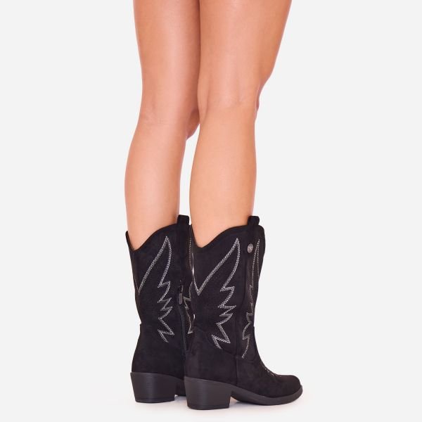 EGO Zaria Embroidered Detail Side Stud Pointed Toe Mid Calf Western Cowboy Boot In Black Faux Suede, Women's Size UK 3 - 2