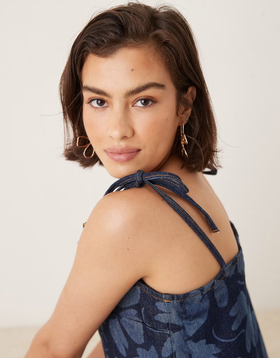 ASOS ASOS DESIGN denim cami top co-ord with tie straps in floral laser indigo - 3