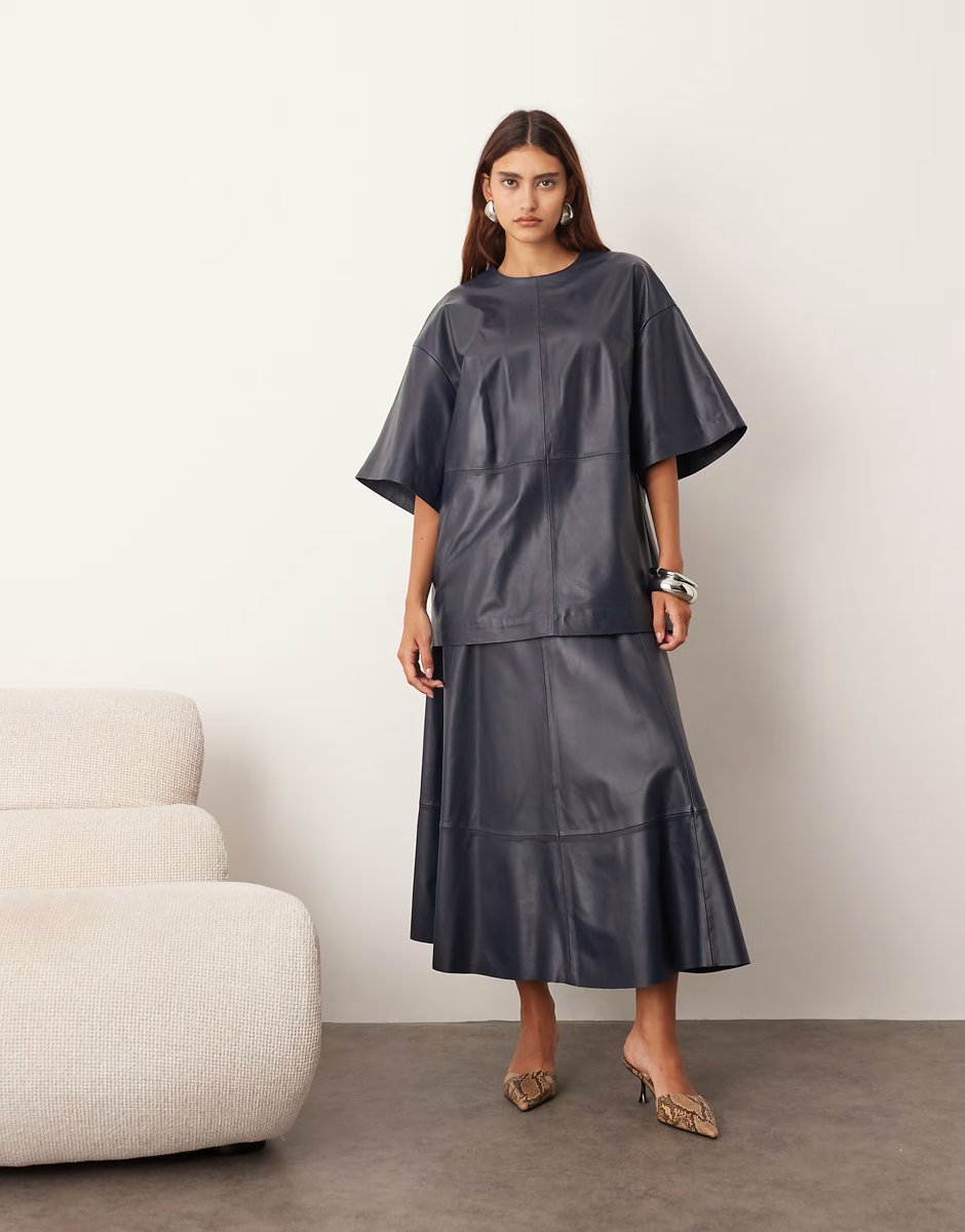 ASOS ARRANGE leather boxy t-shirt and full circle skirt in navy - 2