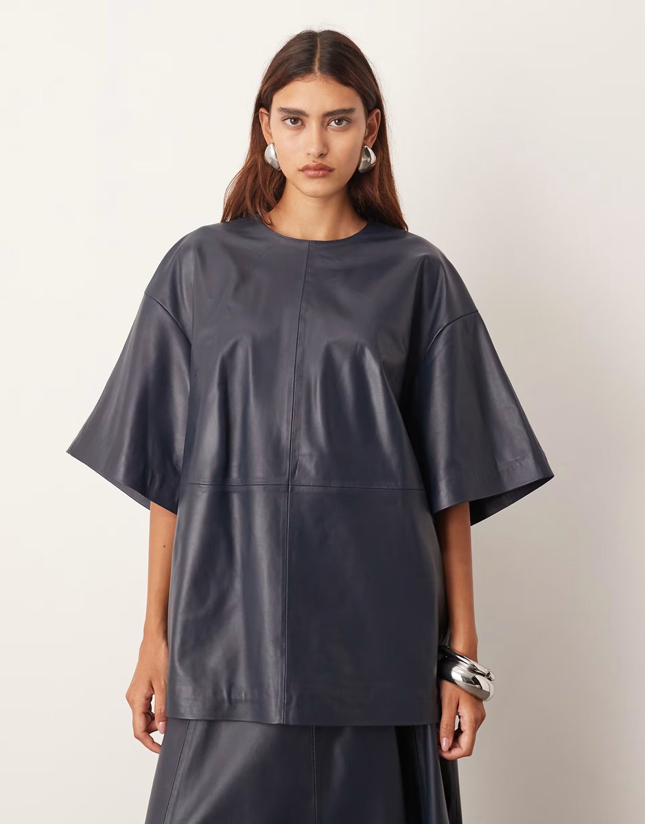 ASOS ARRANGE leather boxy t-shirt and full circle skirt in navy - 3