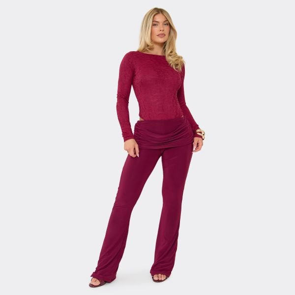 EGO Mid Rise Ruched Drape Detail Flare Trousers In Burgundy Slinky, Women's Size UK 6 - 1
