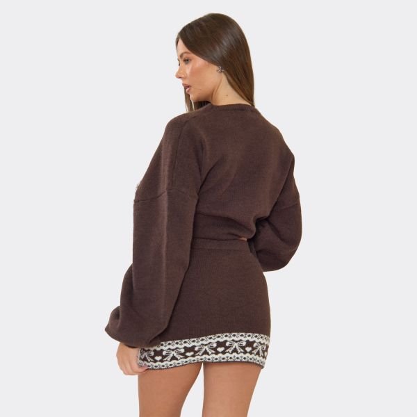 EGO Contrast Bow Fairisle Mini Skirt In Brown Knit, Women's Size UK Small S - 2