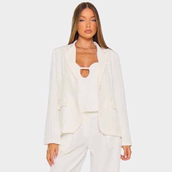 EGO Long Sleeve Pocket Detail Oversized Blazer In White, Women's Size UK 6