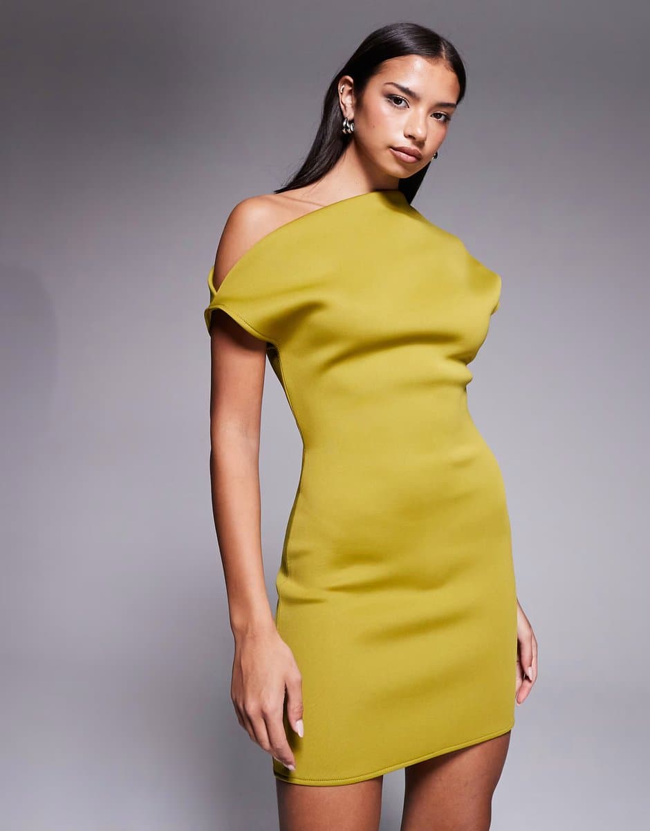 ASOS ASOS DESIGN off shoulder mini dress with ruched back detail in chartreuse scuba-style fabric