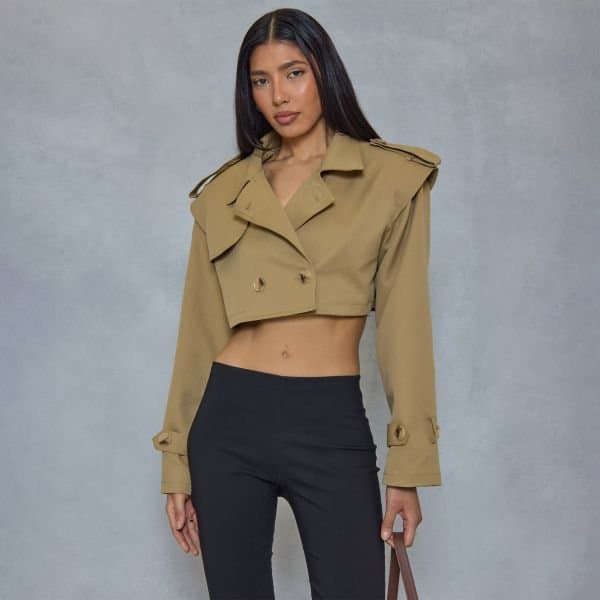 EGO CROPPED TRENCH COAT IN BEIGE, Women's Size UK 6
