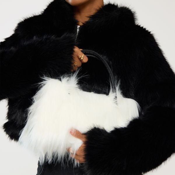 EGO Icey Contrast Detail Shaped Bag In Cream Faux Fur, Women's Size UK One Size - 1