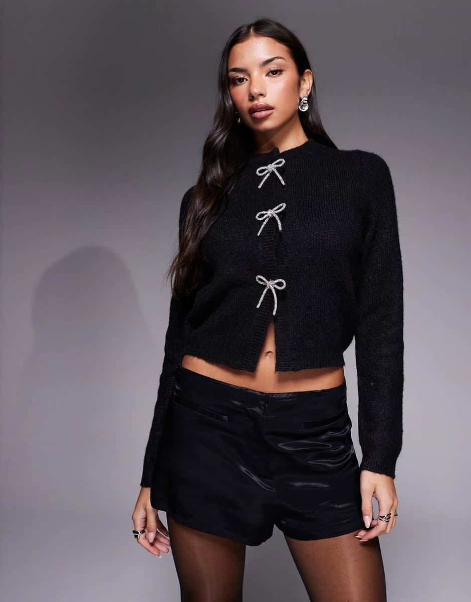 ASOS ASOS DESIGN diamante bow front cardigan in black