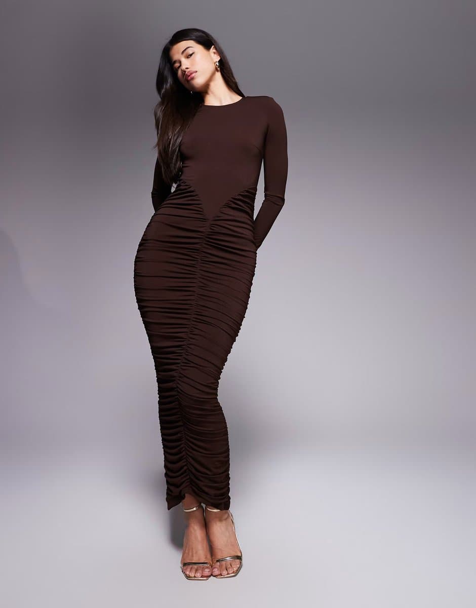 ASOS Ruched & Ready sculpting ruched detail bodycon maxi dress in chocolate