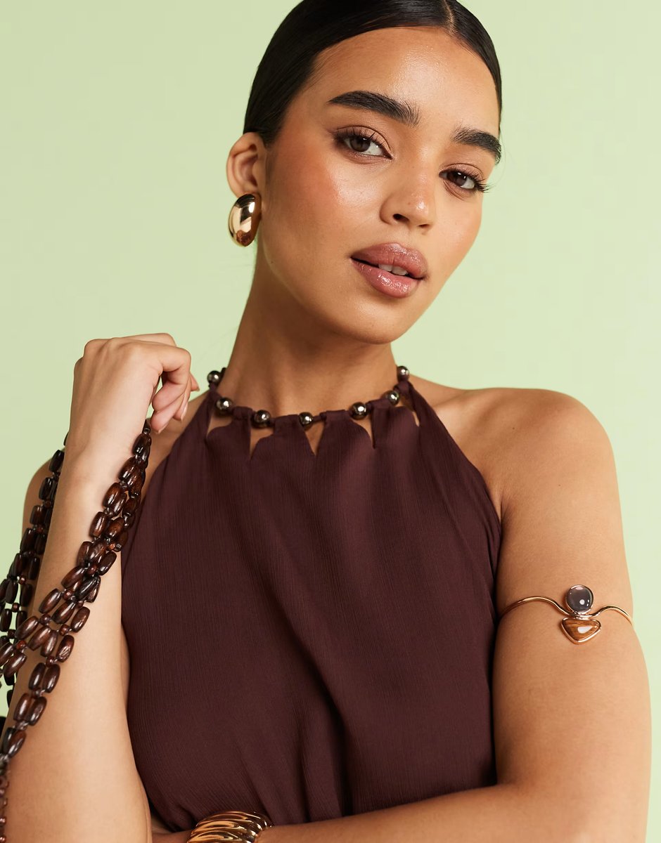 ASOS ASOS DESIGN bead halter neck co-ord top in brown - 3