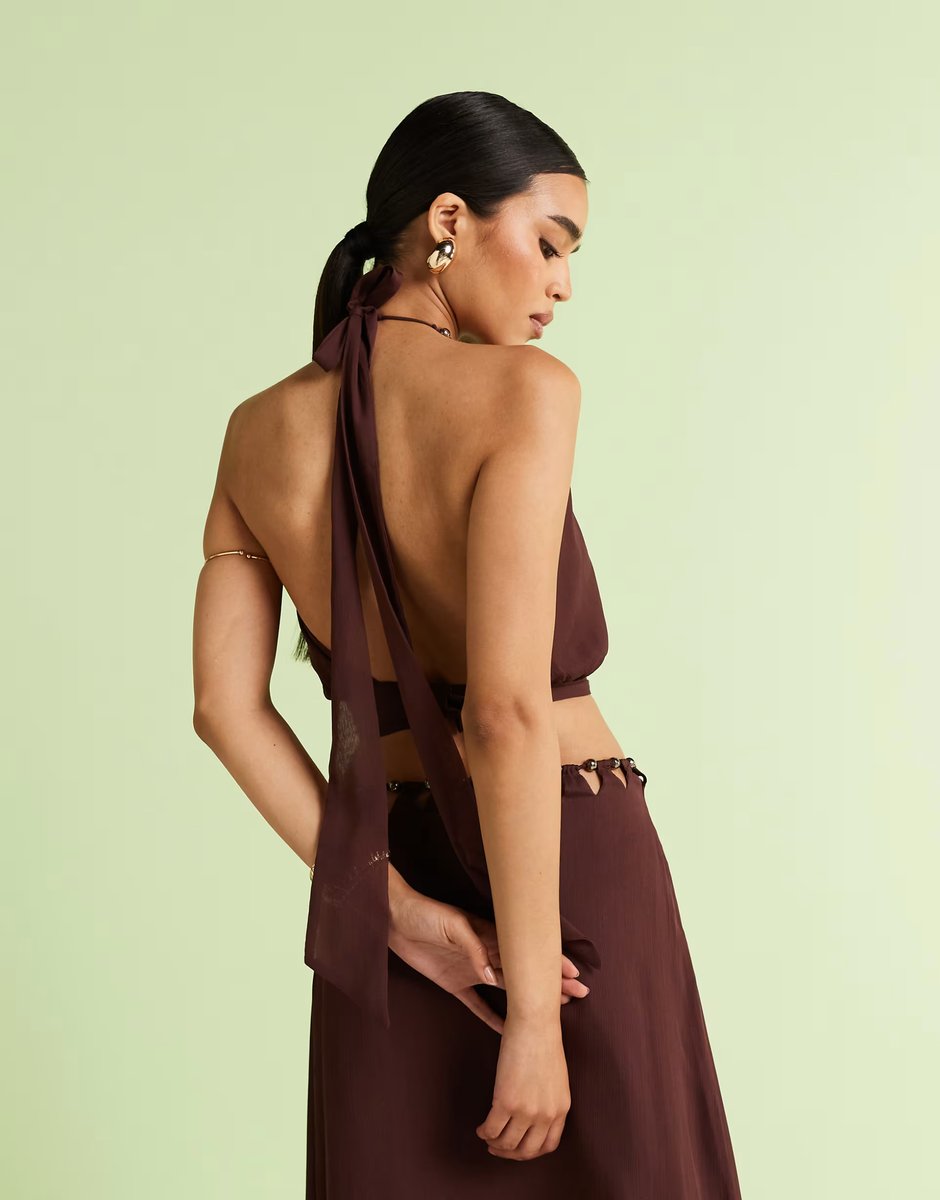 ASOS ASOS DESIGN bead halter neck co-ord top in brown - 4