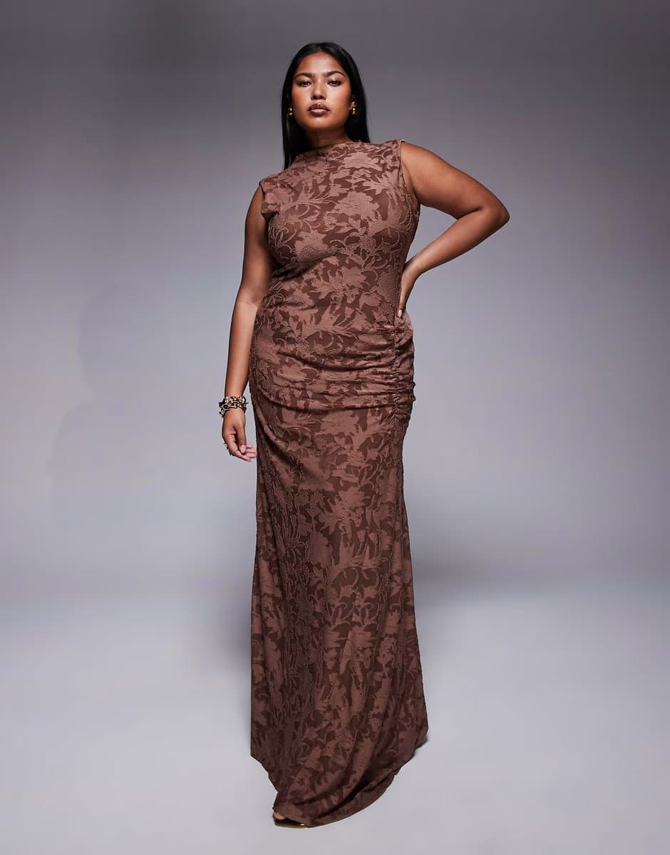 ASOS ASOS DESIGN Curve sleeveless high neck devore maxi dress with ruched skirt detail in chocolate