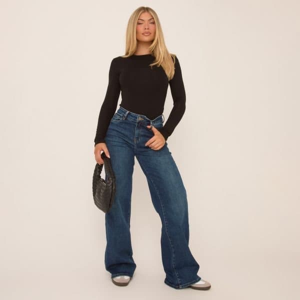 EGO EGO High Waist Wide Leg Stretchy Jeans in Dark Blue Denim
