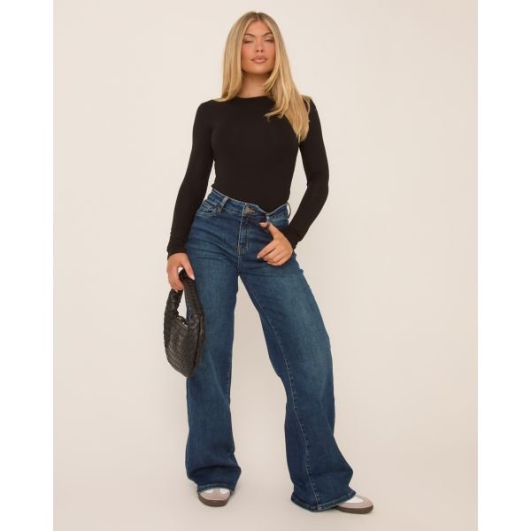 EGO High Waist Wide Leg Stretchy Jeans In Dark Blue Denim, Women's Size UK 4 - 2
