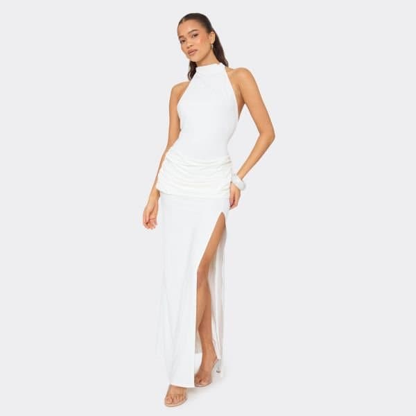 EGO Racer Neck Draped Ruched Detail Maxi Dress In Cream, Women's Size UK 6