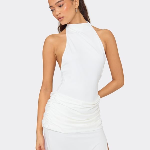 EGO Racer Neck Draped Ruched Detail Maxi Dress In Cream, Women's Size UK 6 - 2