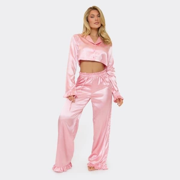 EGO Button Front Frilled Sleeve Cropped Shirt And Wide Leg Trouser Pyjama Set In Pink Satin, Women's Size UK 6