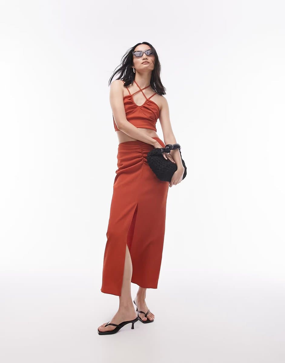 ASOS Topshop co-ord centre front ruched maxi skirt in rust