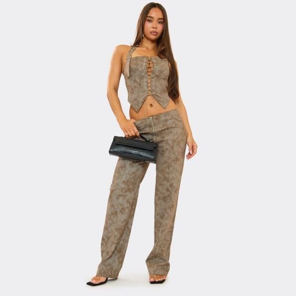 EGO Low Rise Straight Leg Trousers In Grey Acid Print, Women's Size UK 6