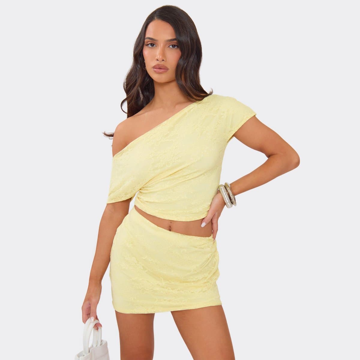 EGO One Shoulder Asymmetric Top In Lemon Yellow Lace, Women's Size UK 6
