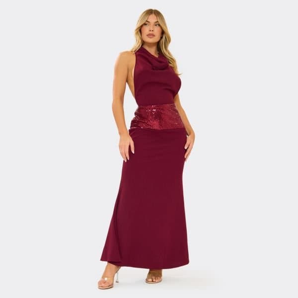 EGO Cowl Neck Sequin Belt Detail Open Back Maxi Dress In Burgundy, Women's Size UK 10