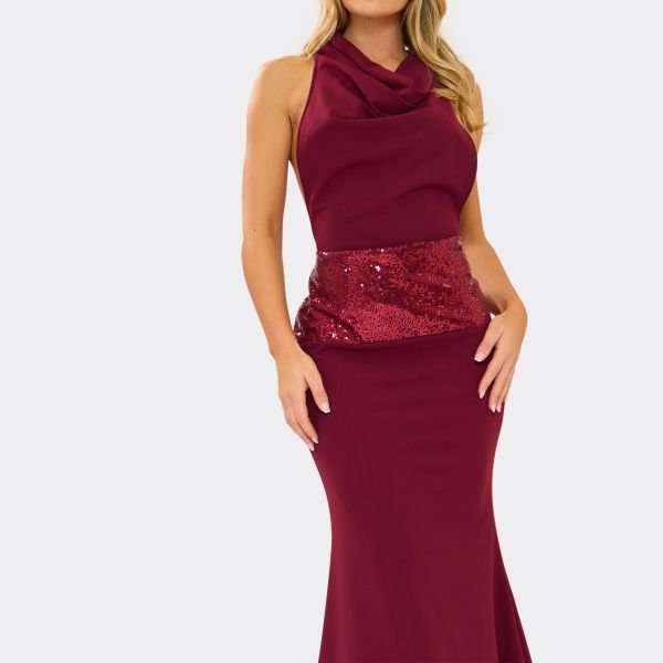 EGO Cowl Neck Sequin Belt Detail Open Back Maxi Dress In Burgundy, Women's Size UK 10 - 2
