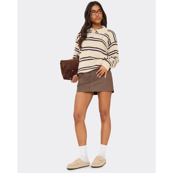 EGO Mid Rise Pocket Detail Mini Skirt In Chocolate Brown Faux Leather Coated, Women's Size UK 6 - 2