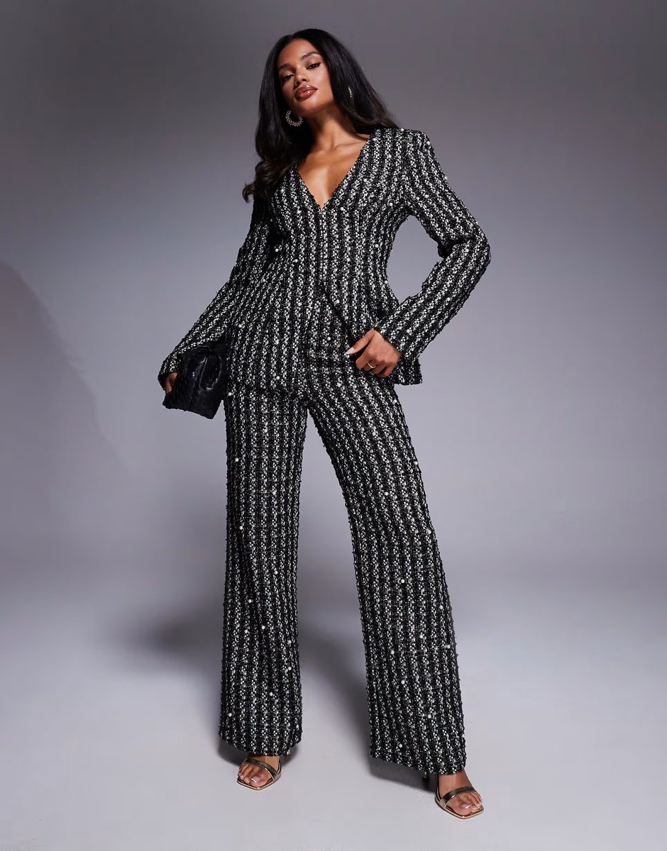 ASOS ASOS LUXE pearl embellished boucle blazer and trouser in black - 2