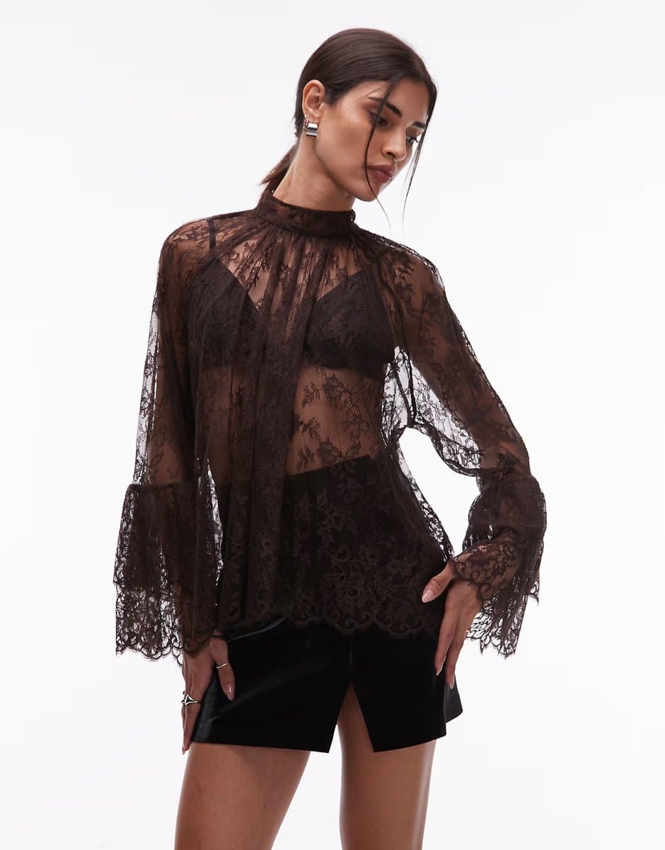 ASOS & Other Stories sheer lace blouse with tiered ruffle sleeves in brown