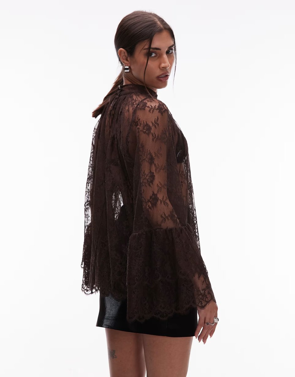 ASOS & Other Stories sheer lace blouse with tiered ruffle sleeves in brown - 3