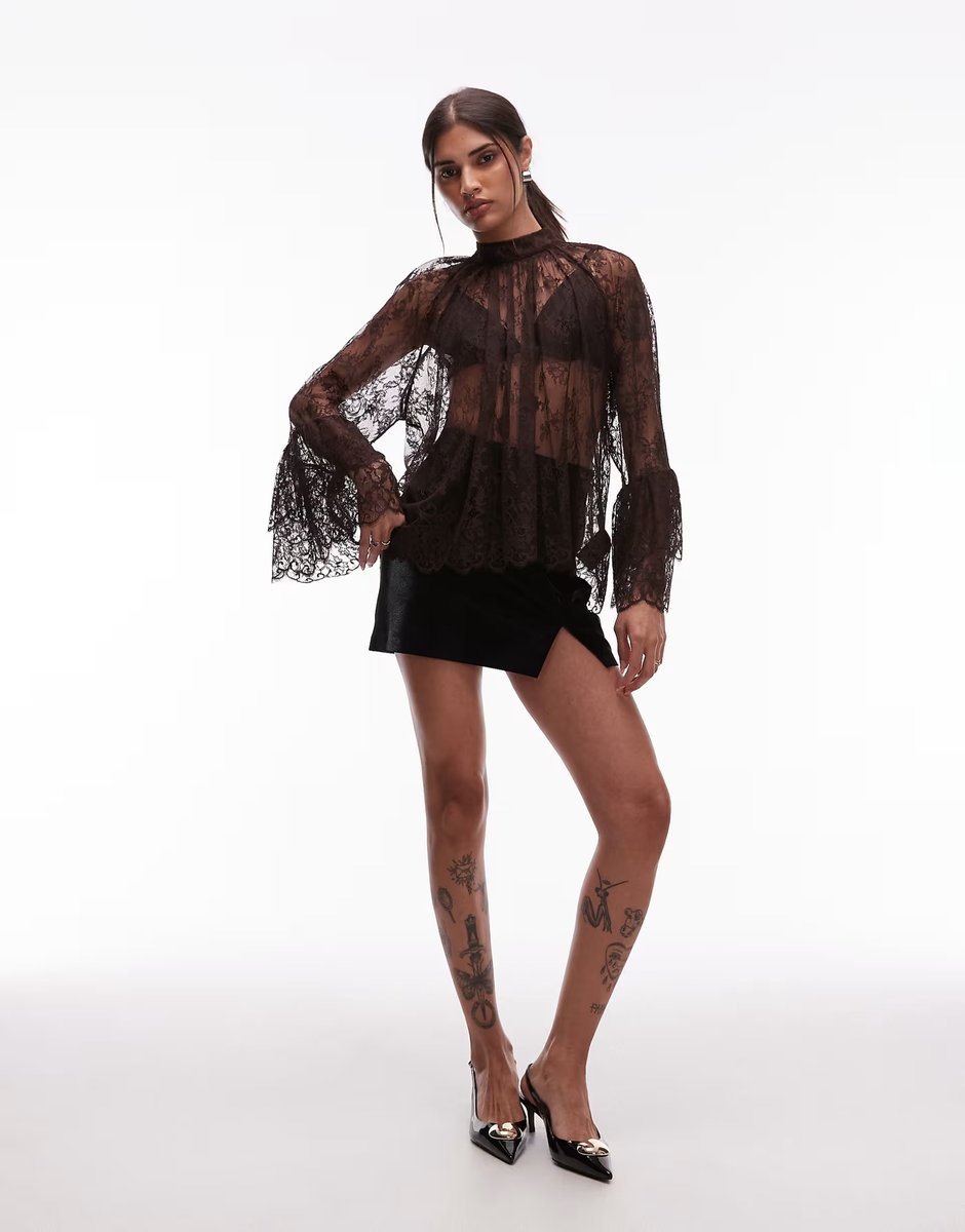 ASOS & Other Stories sheer lace blouse with tiered ruffle sleeves in brown - 4