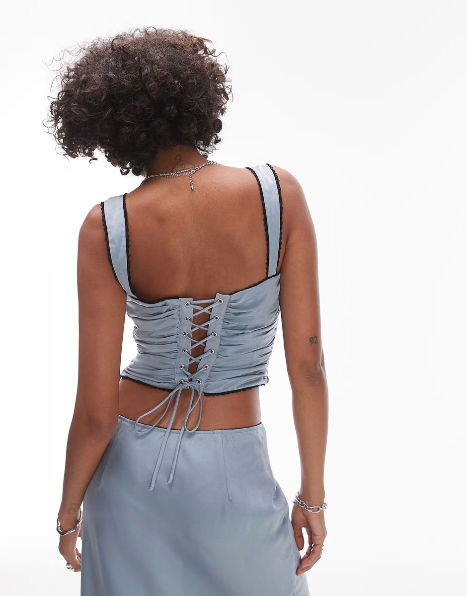 ASOS Nia stan bow detail ruched corset top co-ord in slate blue - 4