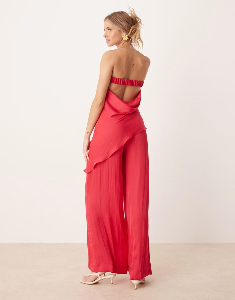 ASOS ASOS DESIGN bandeau satin asym overlay detail jumpsuit in raspberry pink - 4