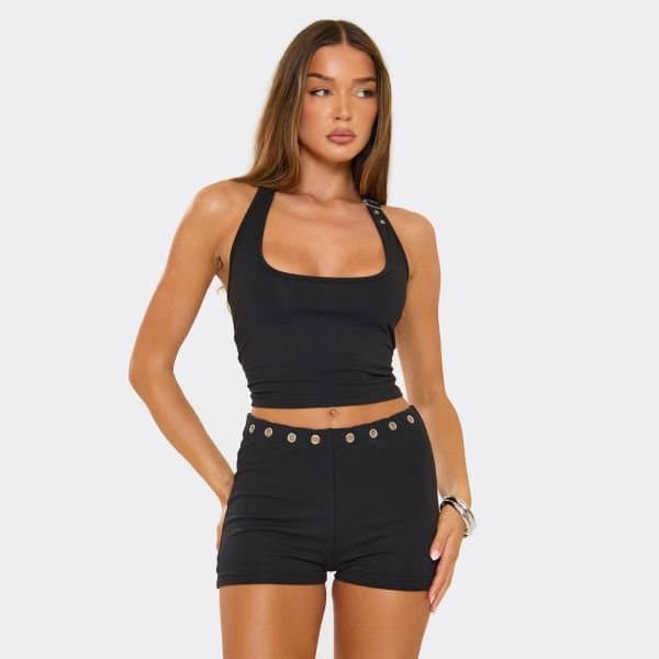 EGO Halterneck Eyelet Buckle Strap Detail Top In Black, Women's Size UK 8