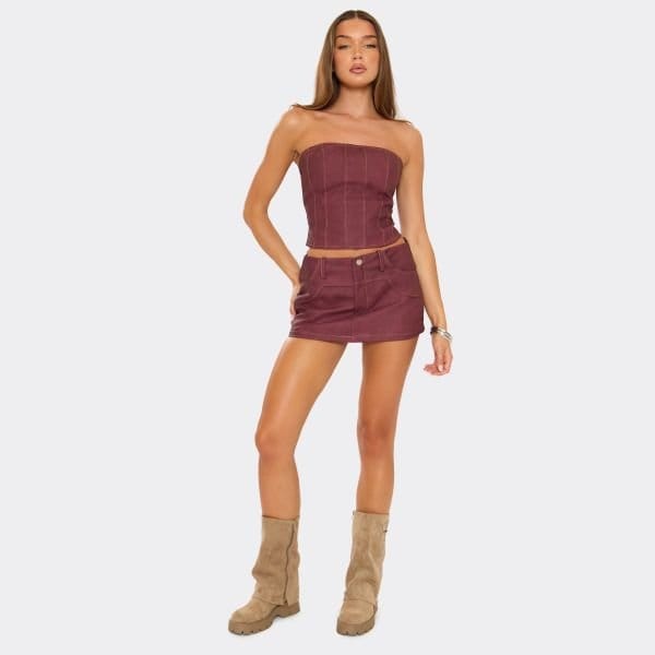 EGO Mid Waist Contrast Stitch Skort In Burgundy Faux Leather, Women's Size UK 6 - 1